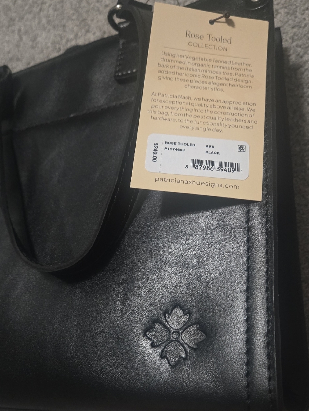Patricia Nash Top Handle Crossbody Black Leather Rose Tooled Bag New With Tags - Picture 6 of 6